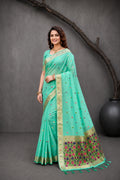 Aqua Mint Green Cotton Blend Woven Work Traditional Saree