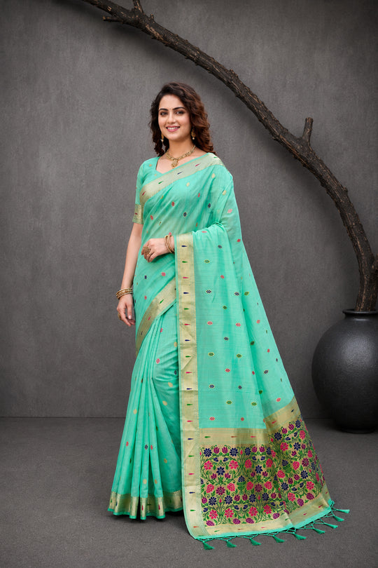 Aqua Mint Green Cotton Blend Woven Work Traditional Saree