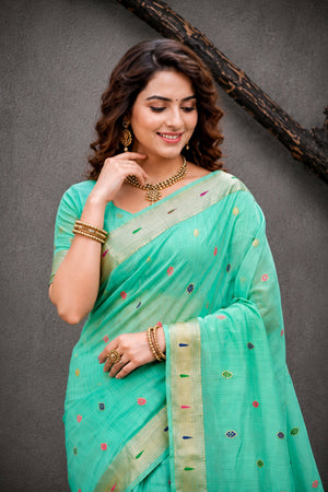 Aqua Mint Green Cotton Blend Woven Work Traditional Saree