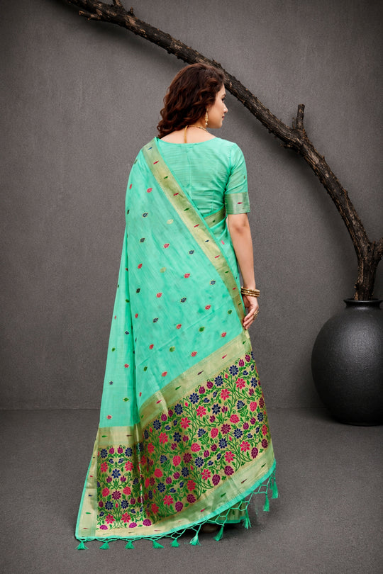 Aqua Mint Green Cotton Blend Woven Work Traditional Saree