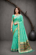 Aqua Mint Green Cotton Blend Woven Work Traditional Saree