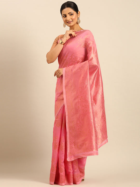 Pink Cotton Saree With Blouse Piece