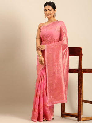 Pink Cotton Saree With Blouse Piece