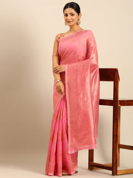 Pink Cotton Saree With Blouse Piece