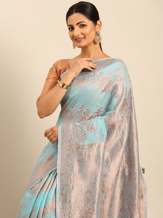 Sky Blue Cotton Saree With Blouse Piece