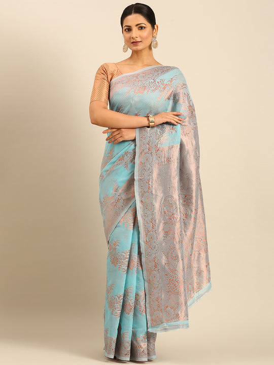 Sky Blue Cotton Saree With Blouse Piece