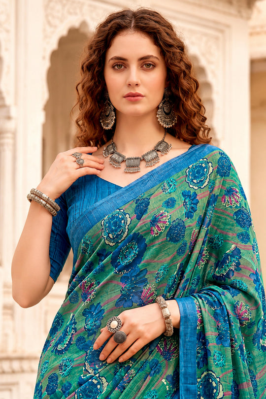 Peacock Green Georgette Woven Work Traditional Saree
