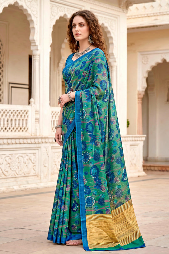 Peacock Green Georgette Woven Work Traditional Saree