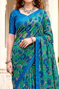 Peacock Green Georgette Woven Work Traditional Saree