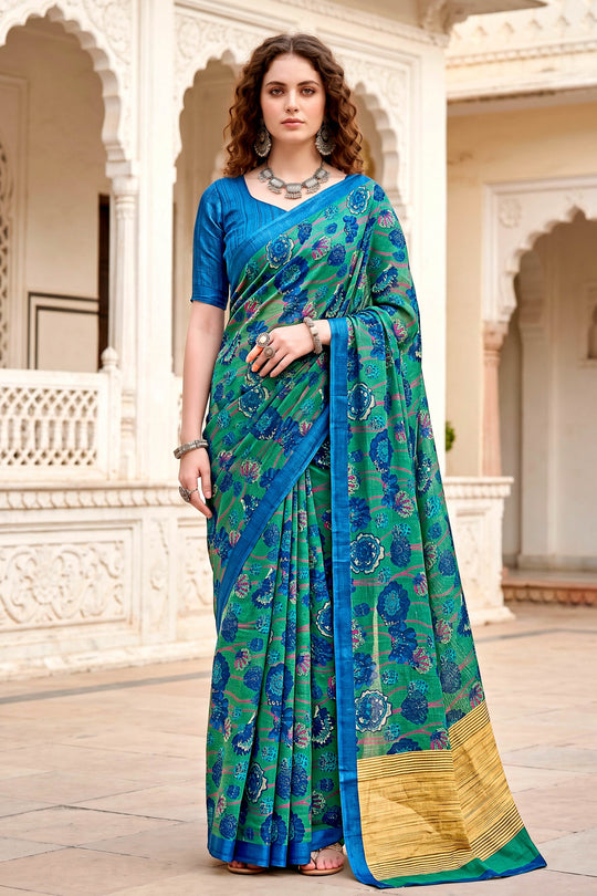 Peacock Green Georgette Woven Work Traditional Saree