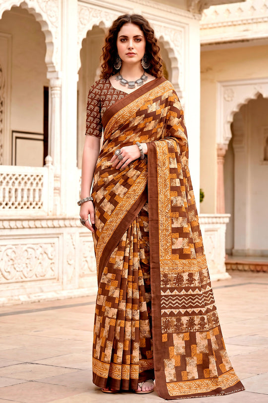 Coffee Brown Georgette Woven Work Traditional Saree