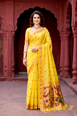 Yellow Cotton Blend Woven Work Traditional Saree