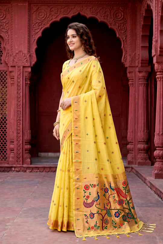 Yellow Cotton Blend Woven Work Traditional Saree