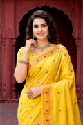 Yellow Cotton Blend Woven Work Traditional Saree