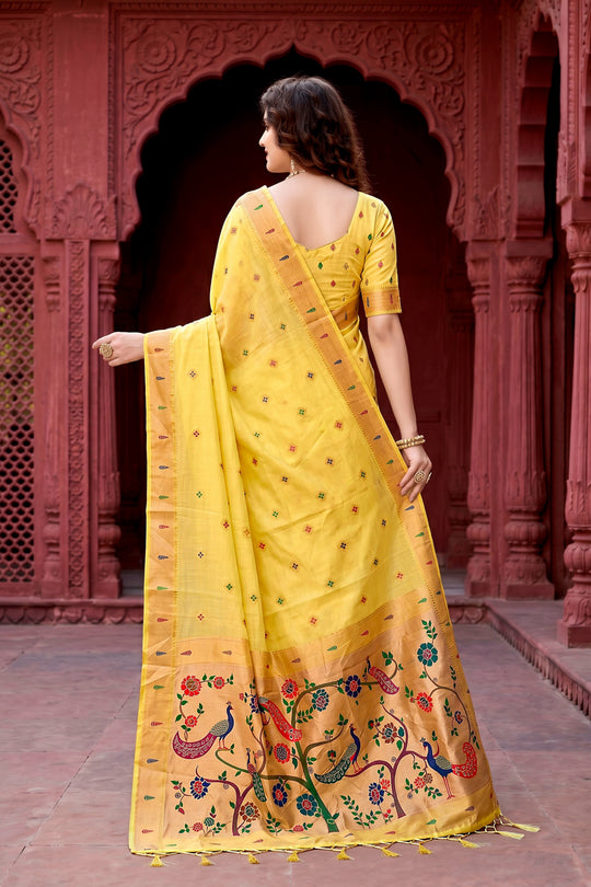 Yellow Cotton Blend Woven Work Traditional Saree