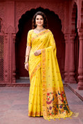 Yellow Cotton Blend Woven Work Traditional Saree