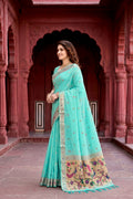 Aqua Green Cotton Blend Woven Work Traditional Saree