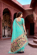 Aqua Green Cotton Blend Woven Work Traditional Saree