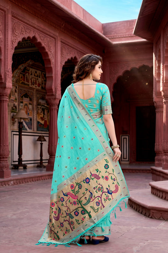 Aqua Green Cotton Blend Woven Work Traditional Saree