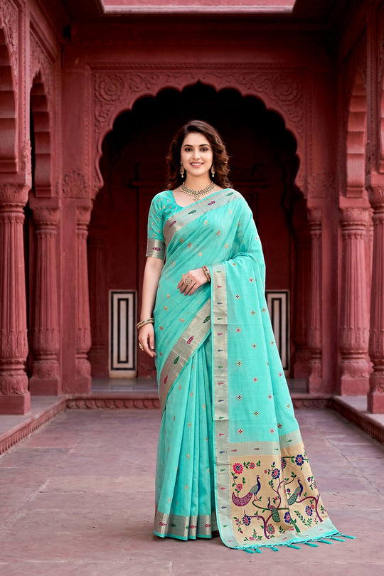 Aqua Green Cotton Blend Woven Work Traditional Saree