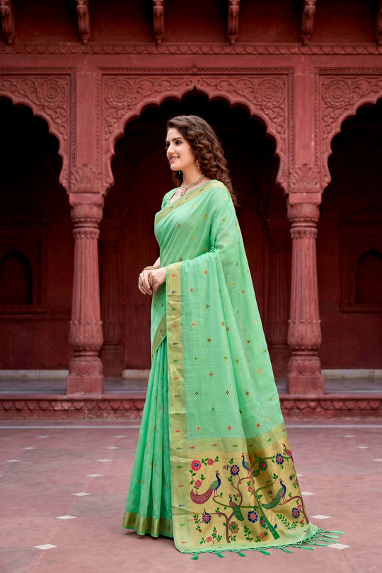 Mint Green Cotton Blend Woven Work Traditional Saree