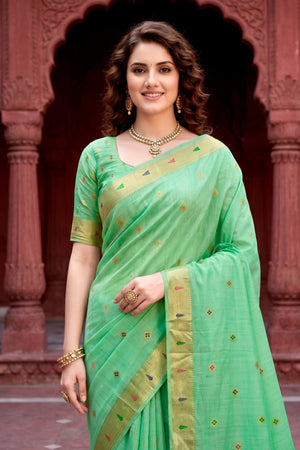 Mint Green Cotton Blend Woven Work Traditional Saree