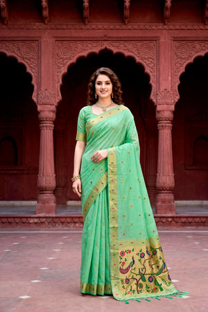 Mint Green Cotton Blend Woven Work Traditional Saree