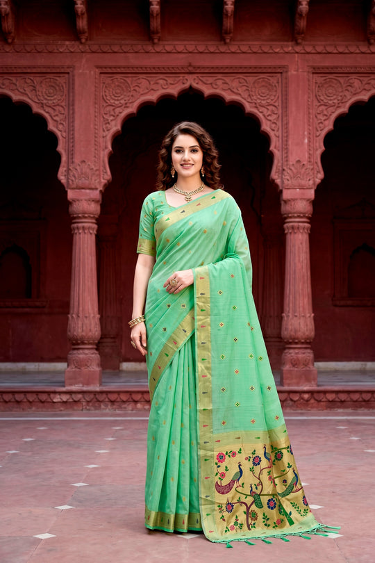 Mint Green Cotton Blend Woven Work Traditional Saree