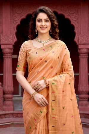 Peach Cotton Blend Woven Work Traditional Saree