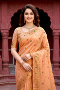 Peach Cotton Blend Woven Work Traditional Saree