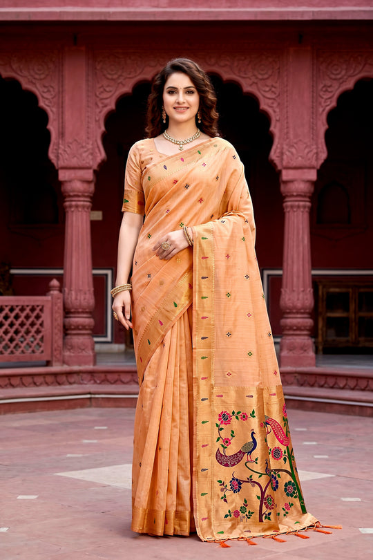 Peach Cotton Blend Woven Work Traditional Saree