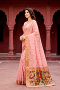 Baby Pink Cotton Blend Woven Work Traditional Saree