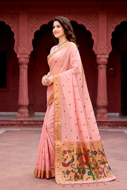 Baby Pink Cotton Blend Woven Work Traditional Saree