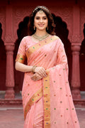 Baby Pink Cotton Blend Woven Work Traditional Saree