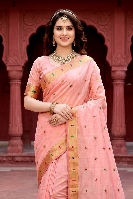 Baby Pink Cotton Blend Woven Work Traditional Saree