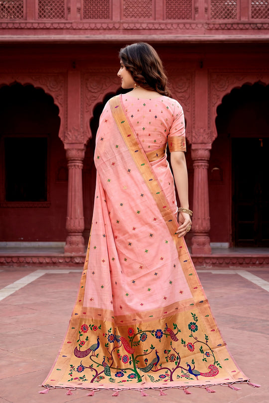 Baby Pink Cotton Blend Woven Work Traditional Saree
