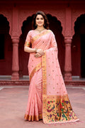 Baby Pink Cotton Blend Woven Work Traditional Saree
