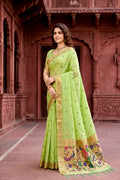 Parrot Green Cotton Blend Woven Work Traditional Saree