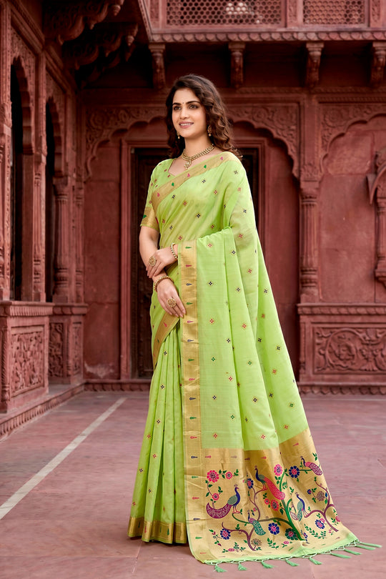 Parrot Green Cotton Blend Woven Work Traditional Saree