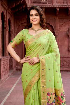 Parrot Green Cotton Blend Woven Work Traditional Saree