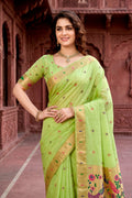 Parrot Green Cotton Blend Woven Work Traditional Saree