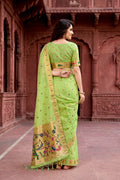 Parrot Green Cotton Blend Woven Work Traditional Saree