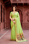 Parrot Green Cotton Blend Woven Work Traditional Saree