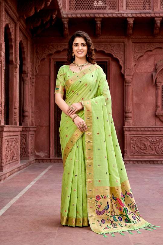 Parrot Green Cotton Blend Woven Work Traditional Saree
