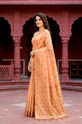 Peach Cotton Blend Woven Work Traditional Saree
