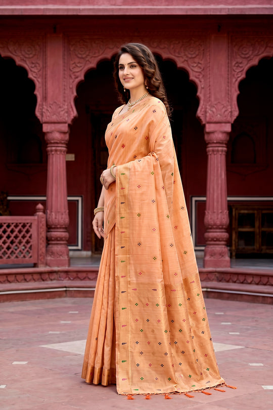 Peach Cotton Blend Woven Work Traditional Saree