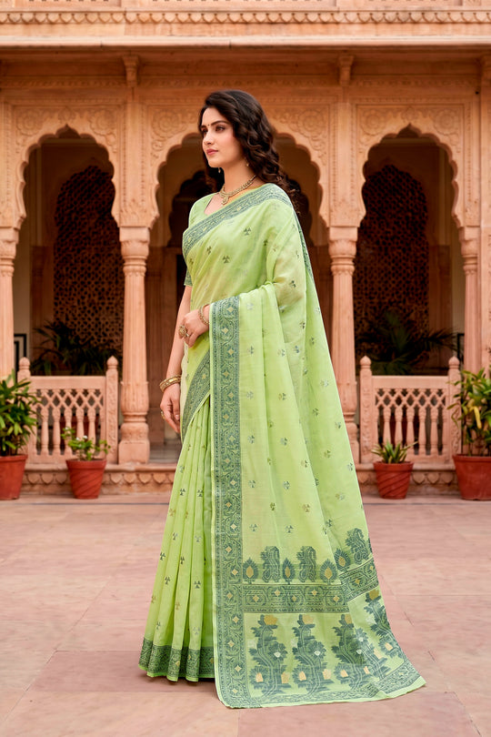 Green Cotton Blend Woven Work Traditional Saree