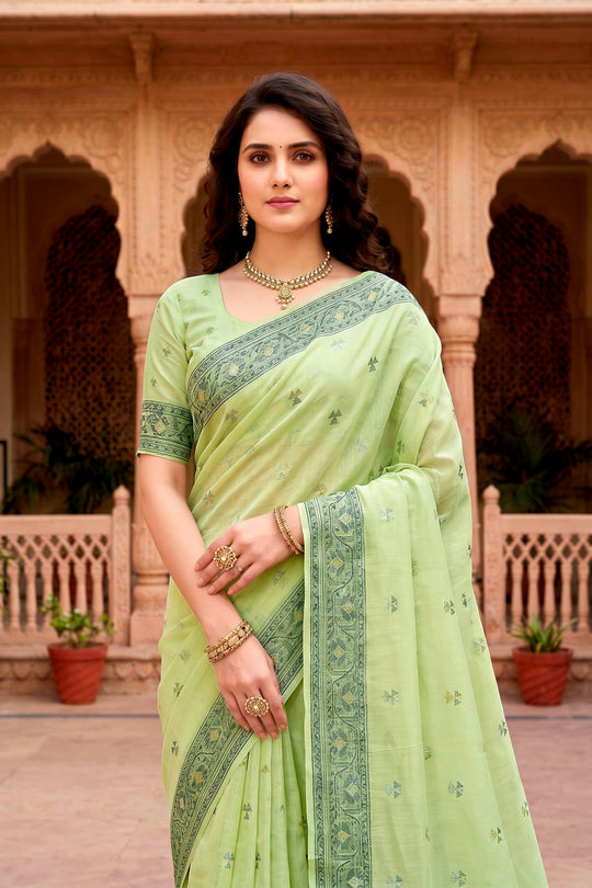 Green Cotton Blend Woven Work Traditional Saree