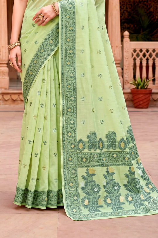 Green Cotton Blend Woven Work Traditional Saree