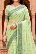 Green Cotton Blend Woven Work Traditional Saree